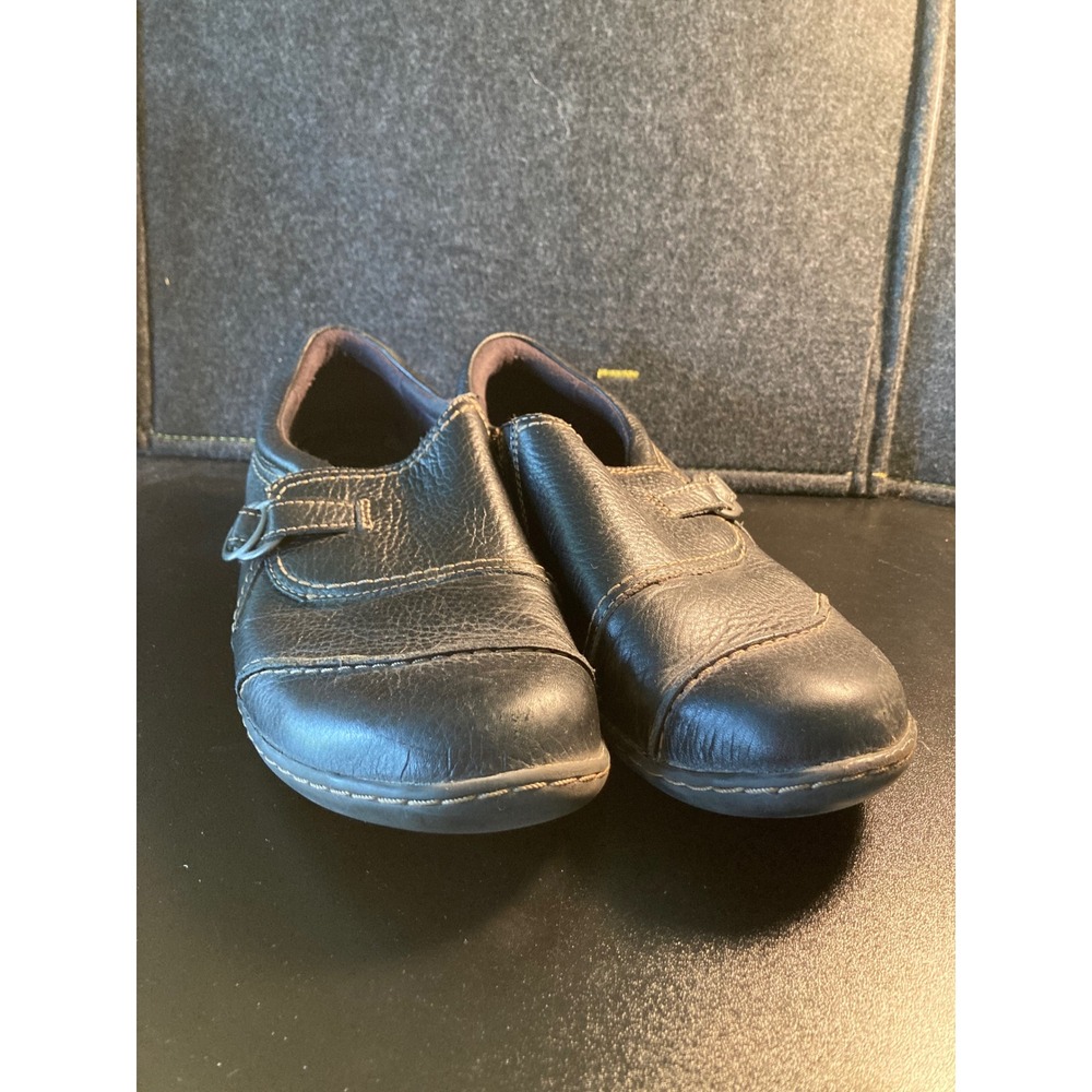 Clarks Women Black Leather Slip On Loafers Buckle Strap 26101710 Size 10W